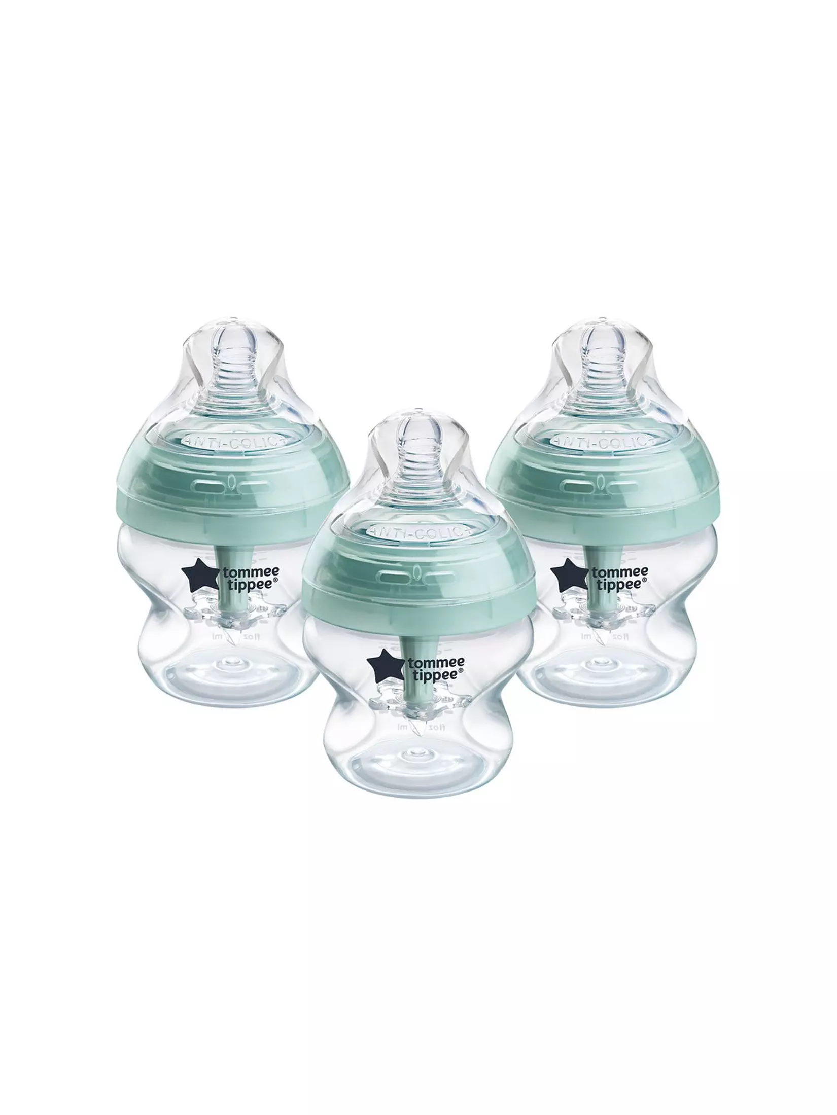 Tommee Tippee Advanced Anti Colic 150ml bottles with mint green collars, pack of three