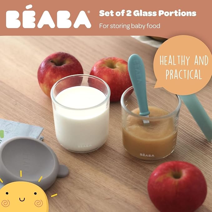 Béaba glass storage jars sky and grey, set of two portions for baby food