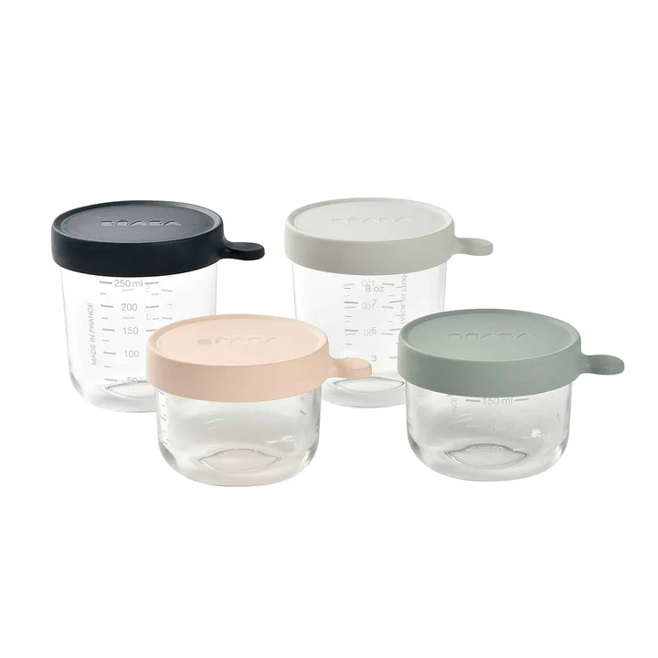 Béaba glass storage jars with lids, pink and navy, set of four