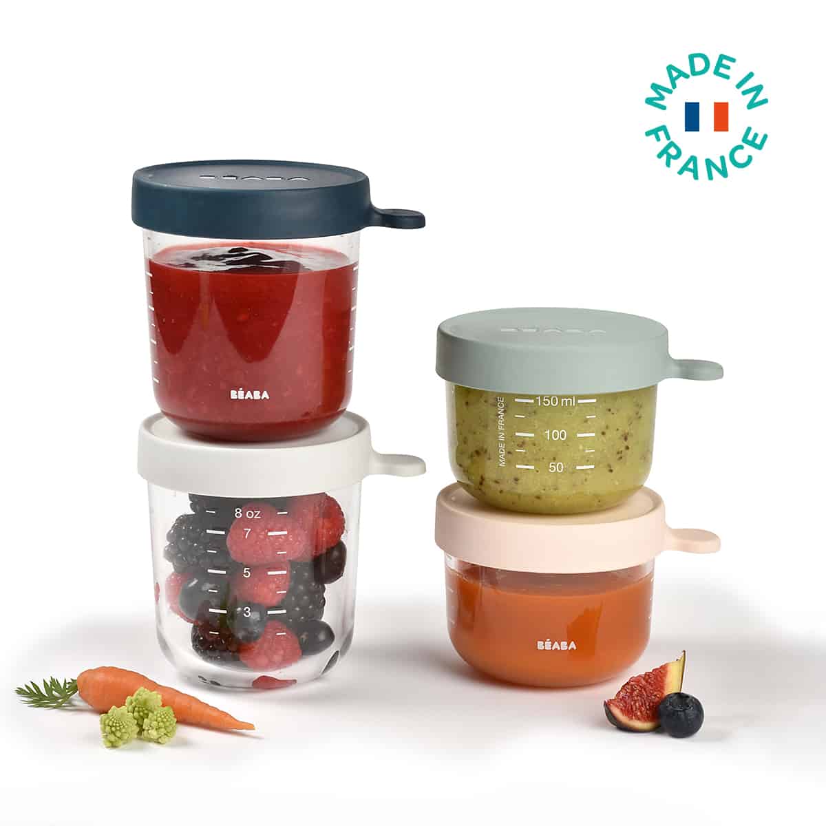 Béaba glass storage jars with navy and pink lids, four-pack set