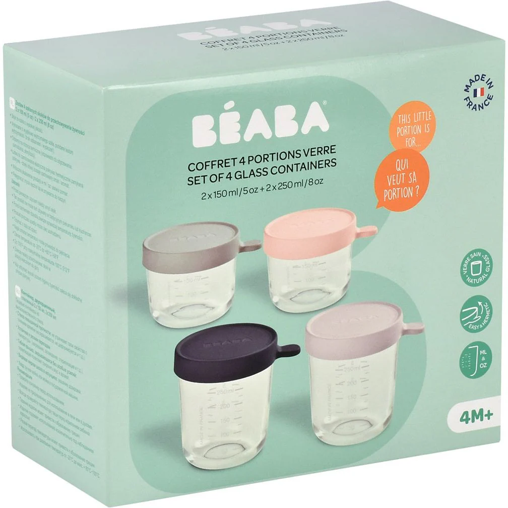 Béaba glass storage jars four-pack with pink and navy silicone lids