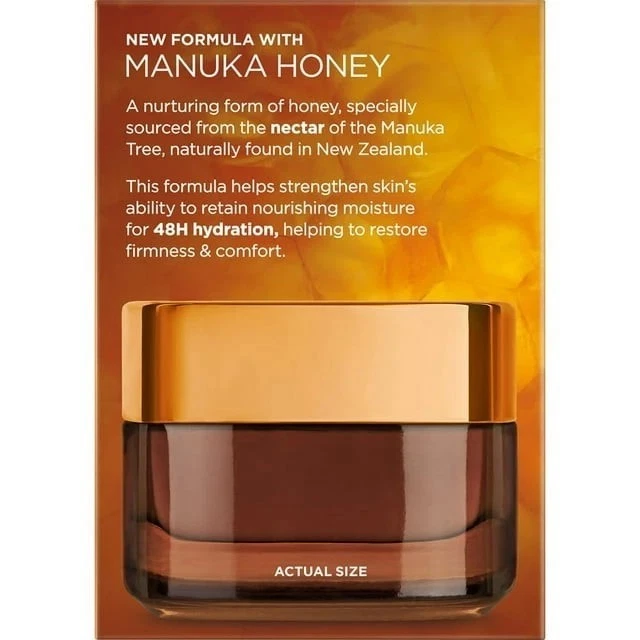 L'Oreal Paris Age Perfect Manuka Honey night balm jar with gold lid and amber glass container