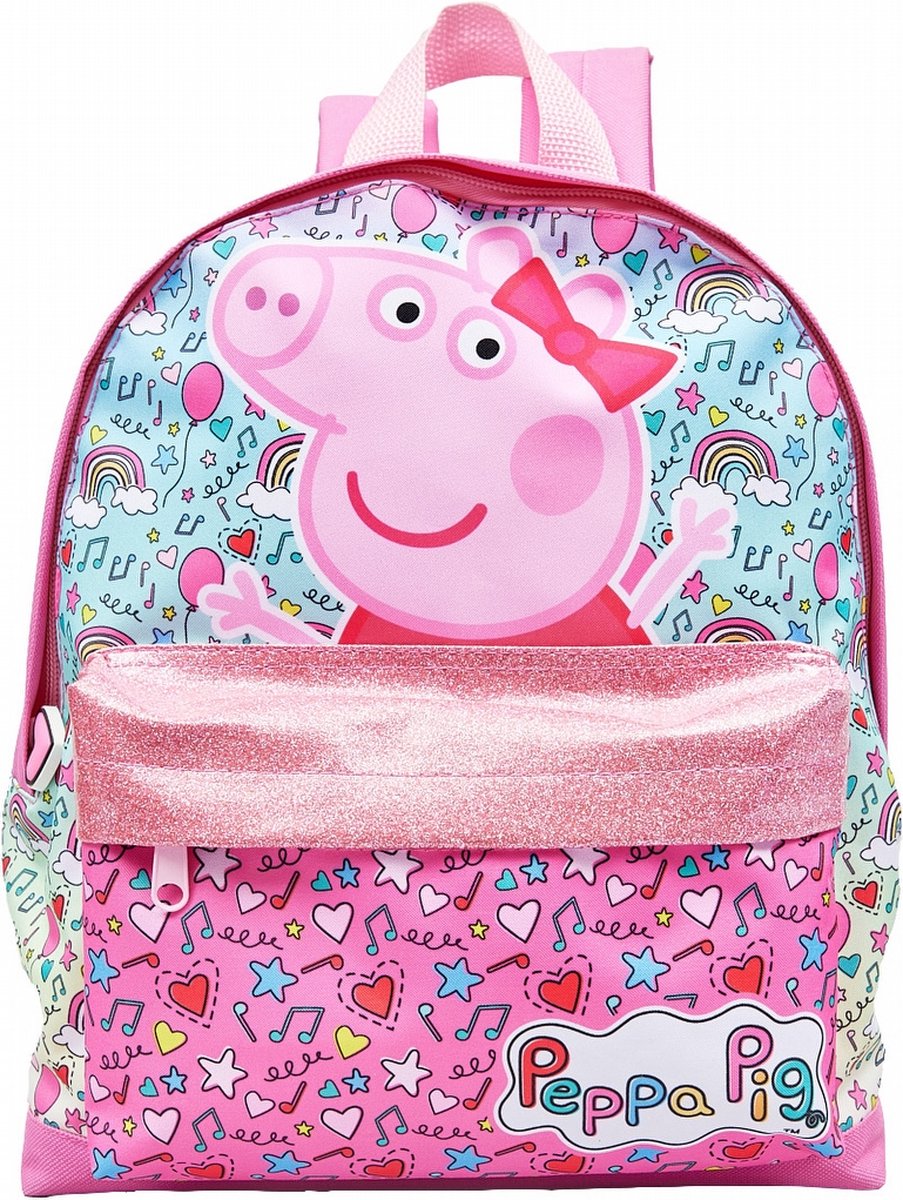 Peppa Pig pink toddler backpack with glitter front pocket and character print