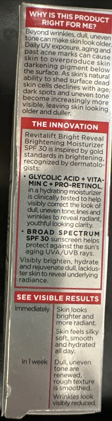 L'Oreal Revitalift Bright Reveal SPF 30 brightening moisturizer 1 oz bottle