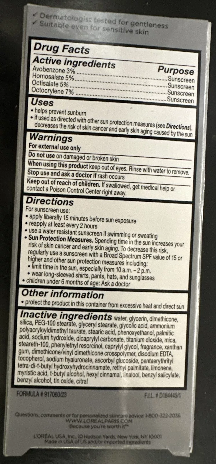L'Oreal Revitalift Bright Reveal SPF 30 moisturiser sunscreen 1 oz bottle back label