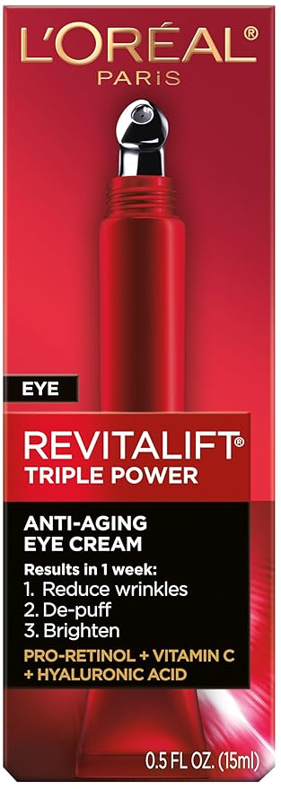 L'Oreal Paris Revitalift red eye serum bottle with roll-on applicator