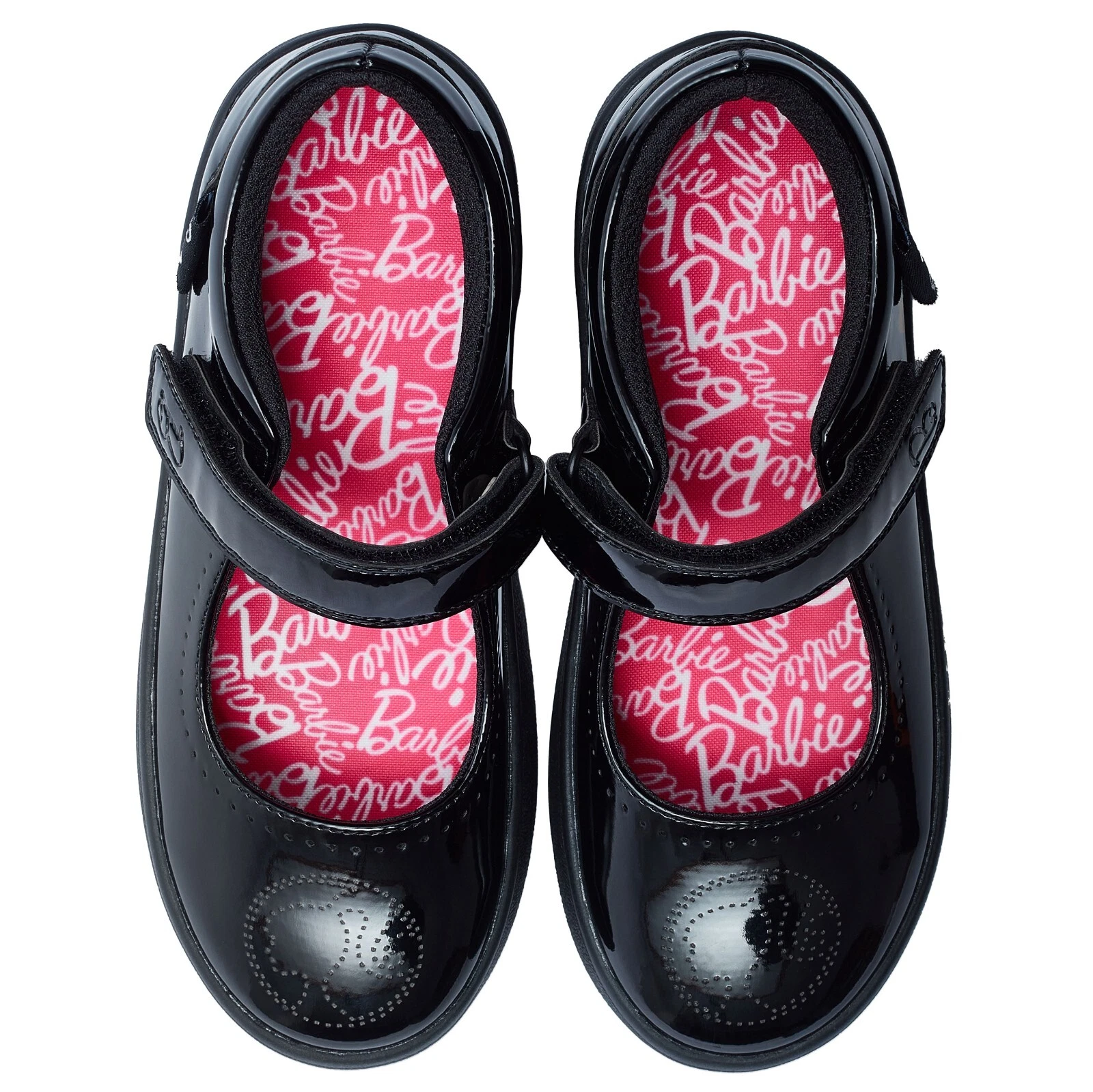 Bucle My Shoes black school shoes with riptape fastening, pink Barbie lining