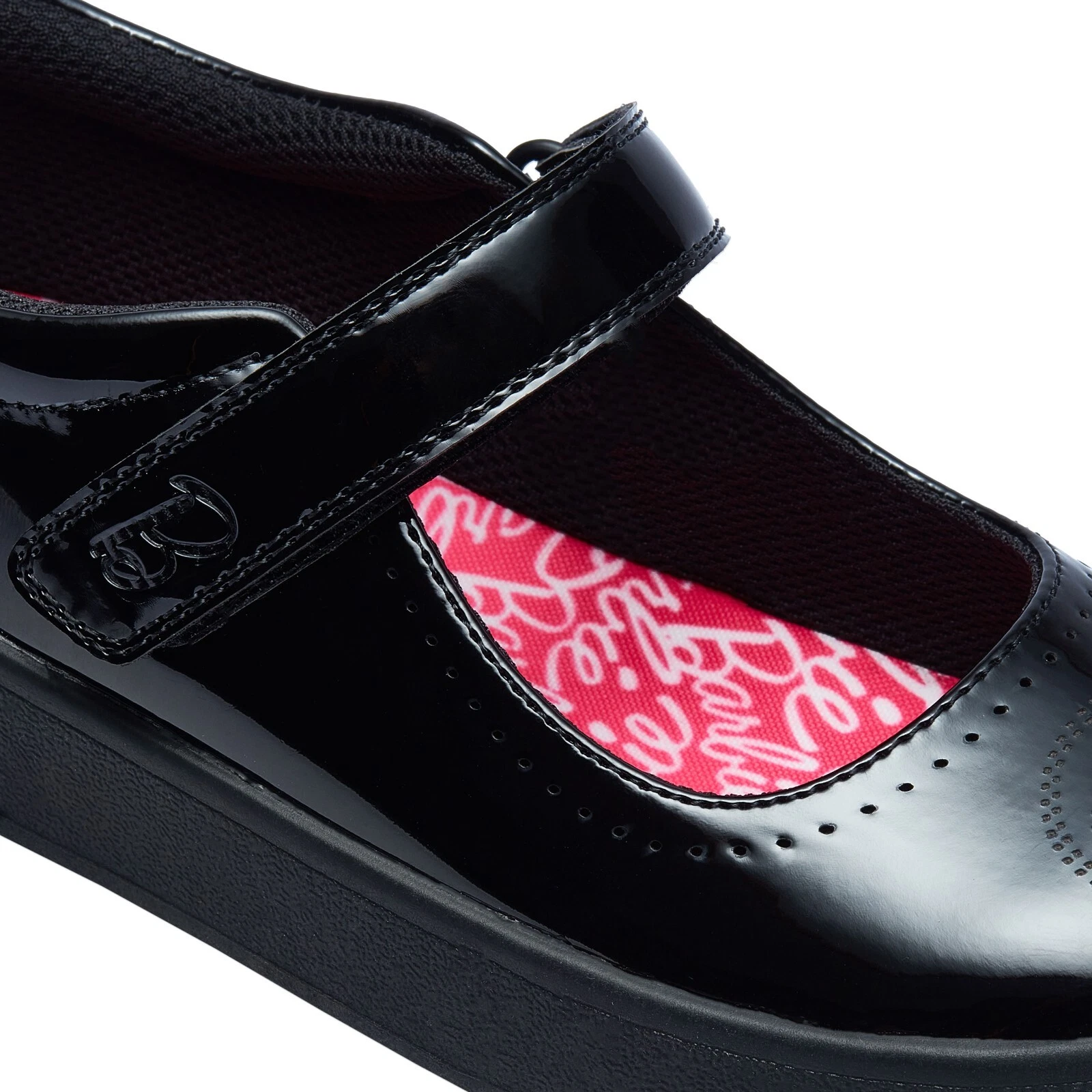 Bucle My Shoes black school shoe with riptape fastening and pink lining