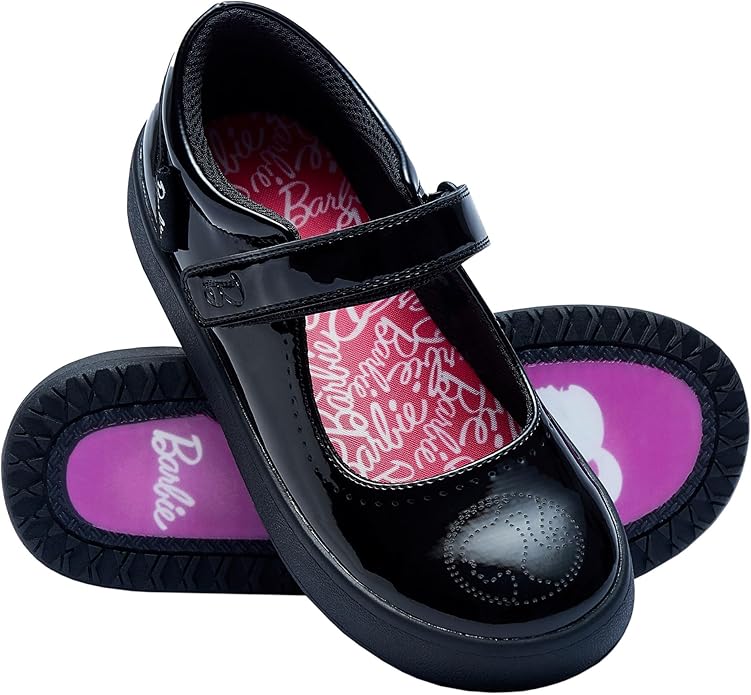 Barbie black school shoes with magenta sole and velcro strap for girls