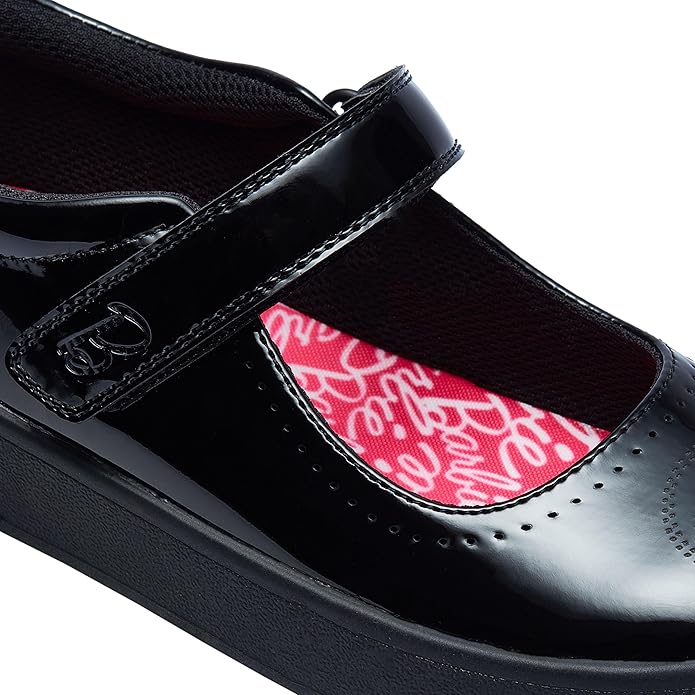Barbie black school shoe with pink patterned insole and velcro strap