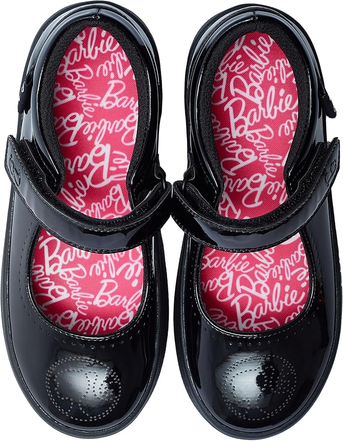 Barbie black school shoes with pink patterned insoles, girls official merchandise