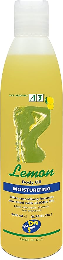 A3 Lemon Moisturizing Body Oil 260ml yellow bottle with white cap