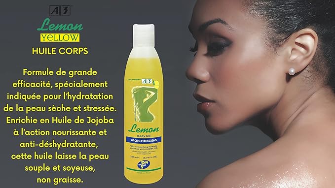 A3 Lemon Yellow Moisturizing Body Oil 260ml bottle with white cap