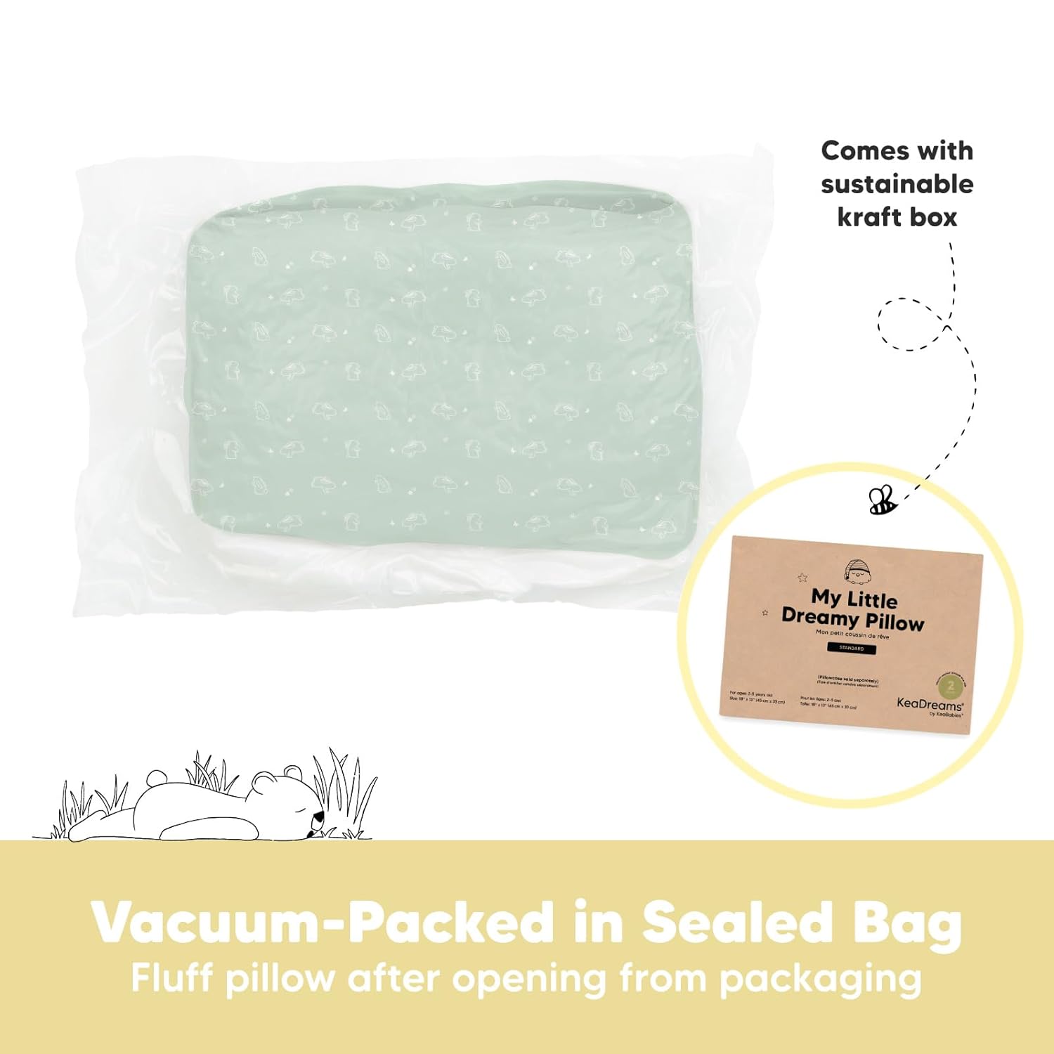 KeaBabies toddler travel pillow for ages 2-5, sage green with cloud pattern