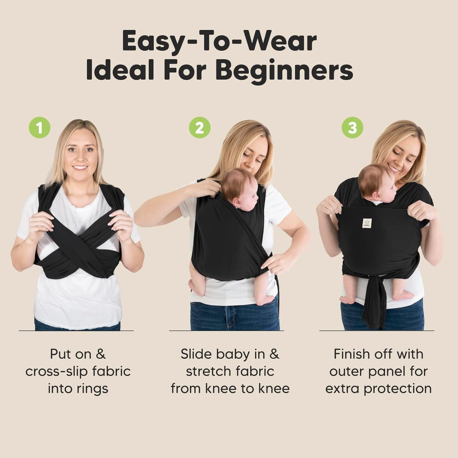 keaBabies D-Lite black wrap baby carrier with three-step wearing guide demonstration