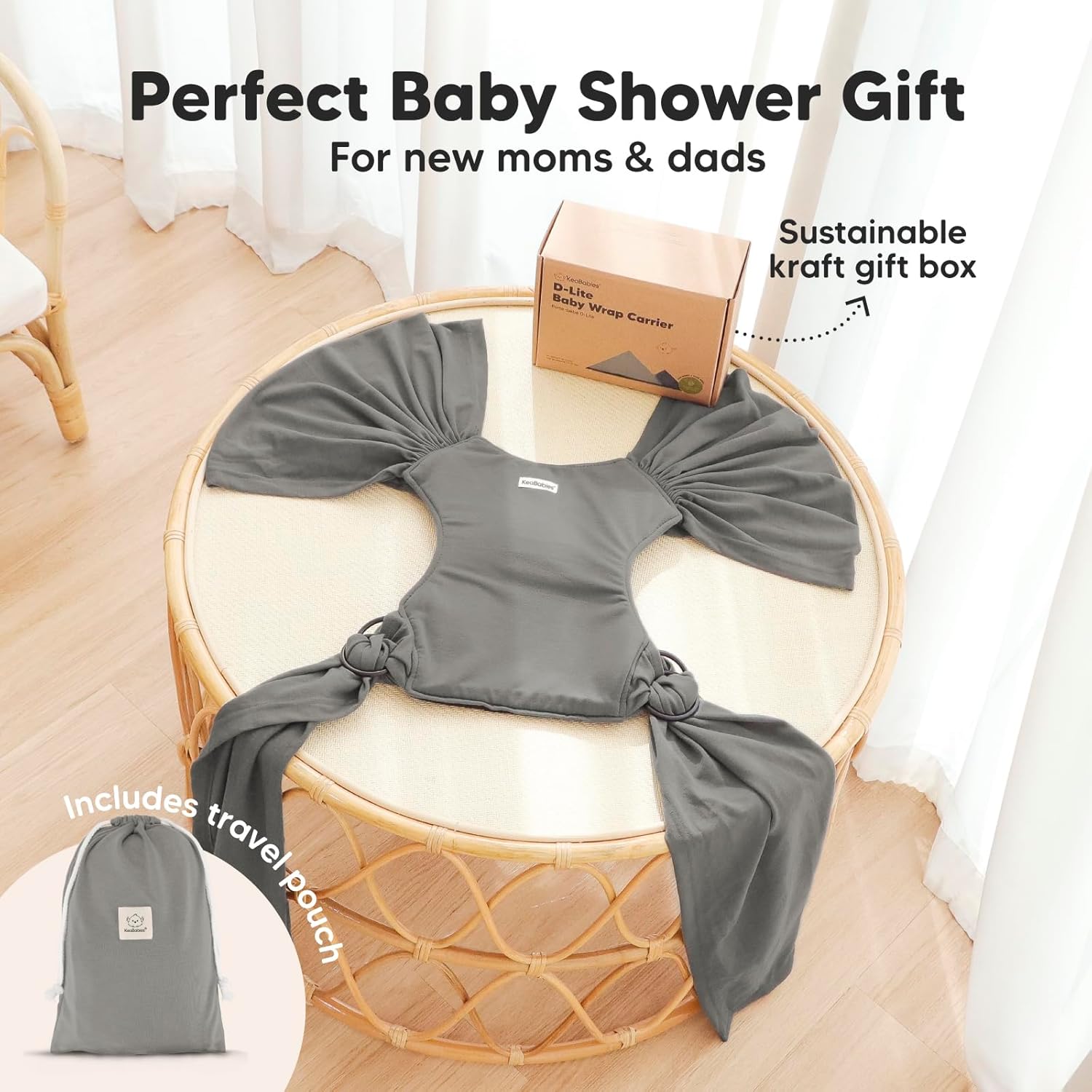 keaBabies D-Lite baby wrap carrier in grey with travel pouch included