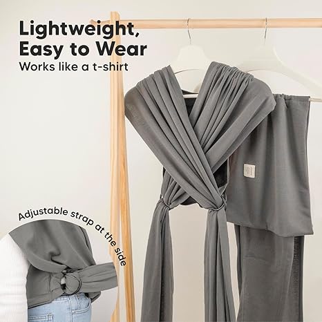 keaBabies D-Lite baby wrap carrier in grey, newborn to toddler 7-44lbs