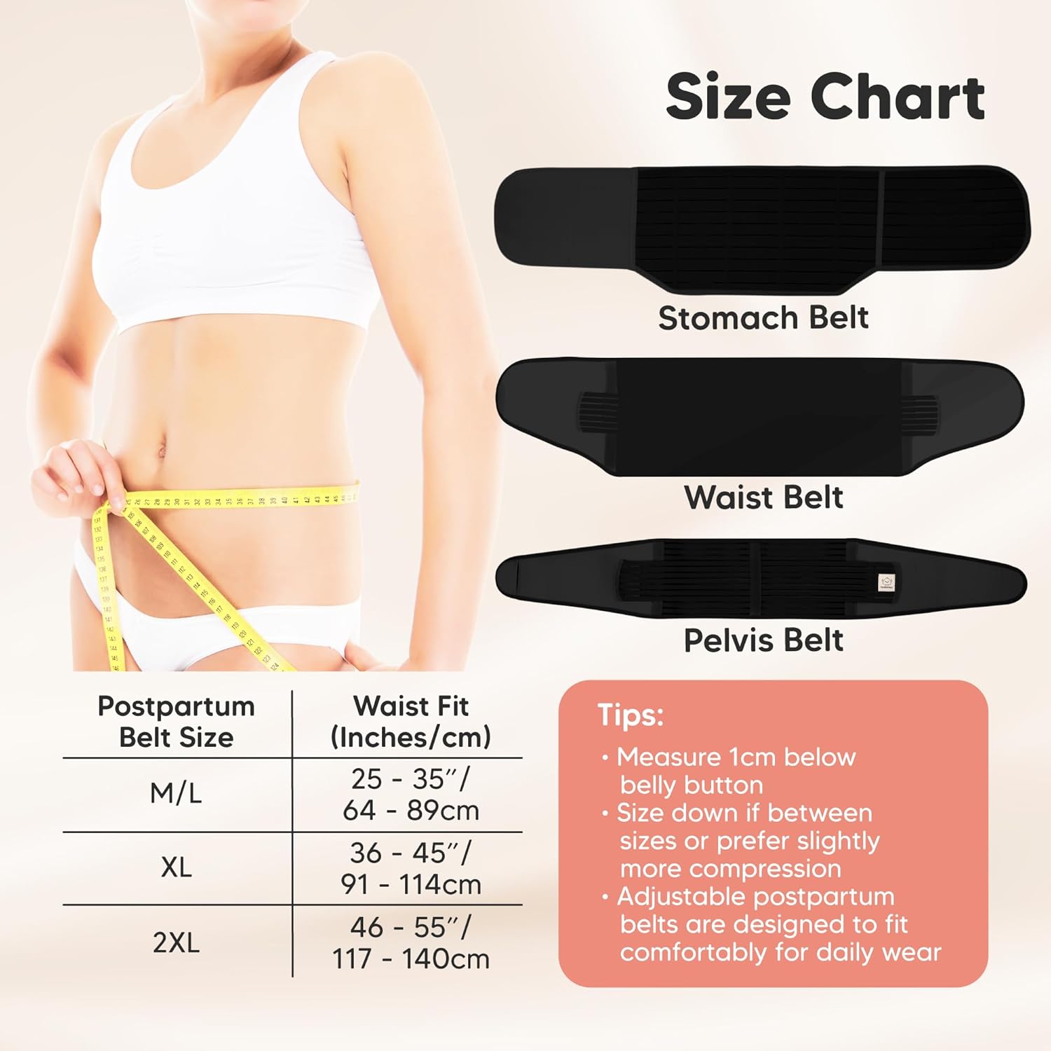 KeaBabies Revive black 3-in-1 postpartum recovery support belt set with size chart