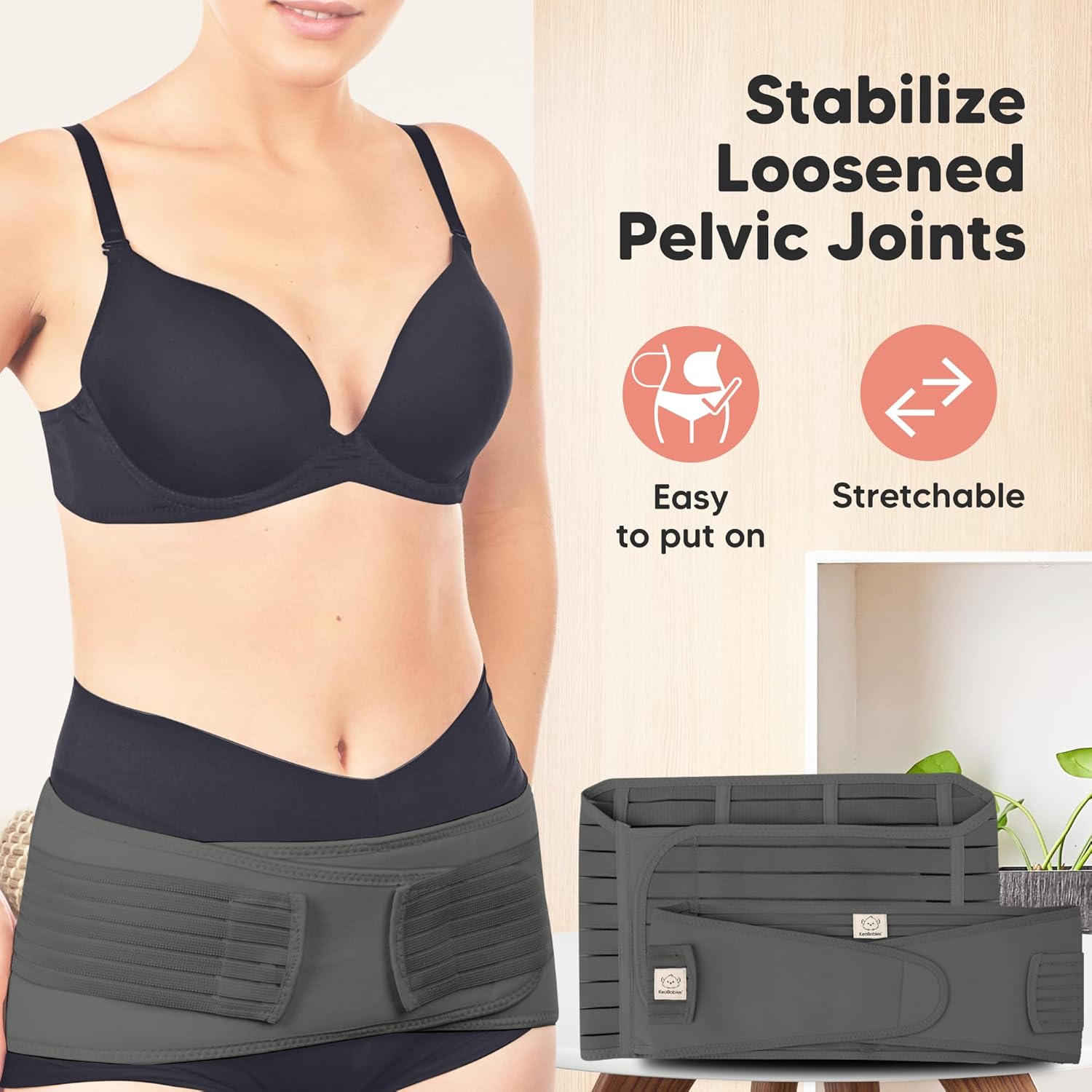 KeaBabies Revive grey postpartum recovery support belt with adjustable straps, worn and displayed