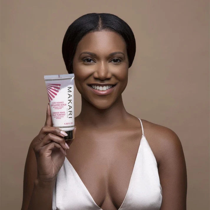 Makari Pure Radiance Exfoliating Scrub tube with pink striped design packaging