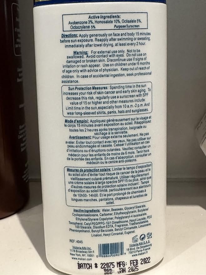 Makari Exclusive Moisturising Sunscreen SPF 50, 150ml bottle back label