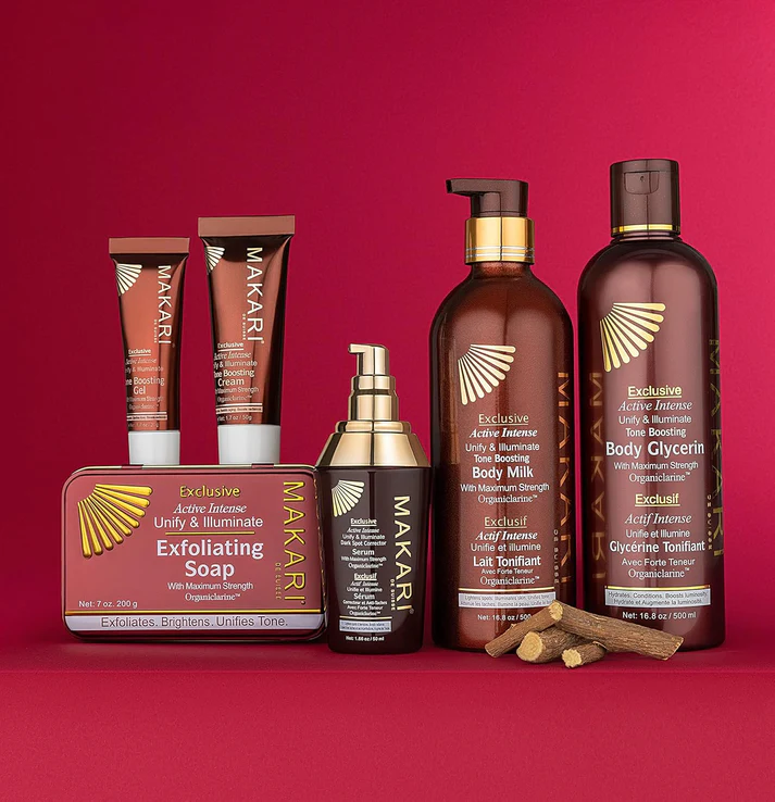Makari Exclusive Tone Boosting Gel brown bottle with pump dispenser skincare product