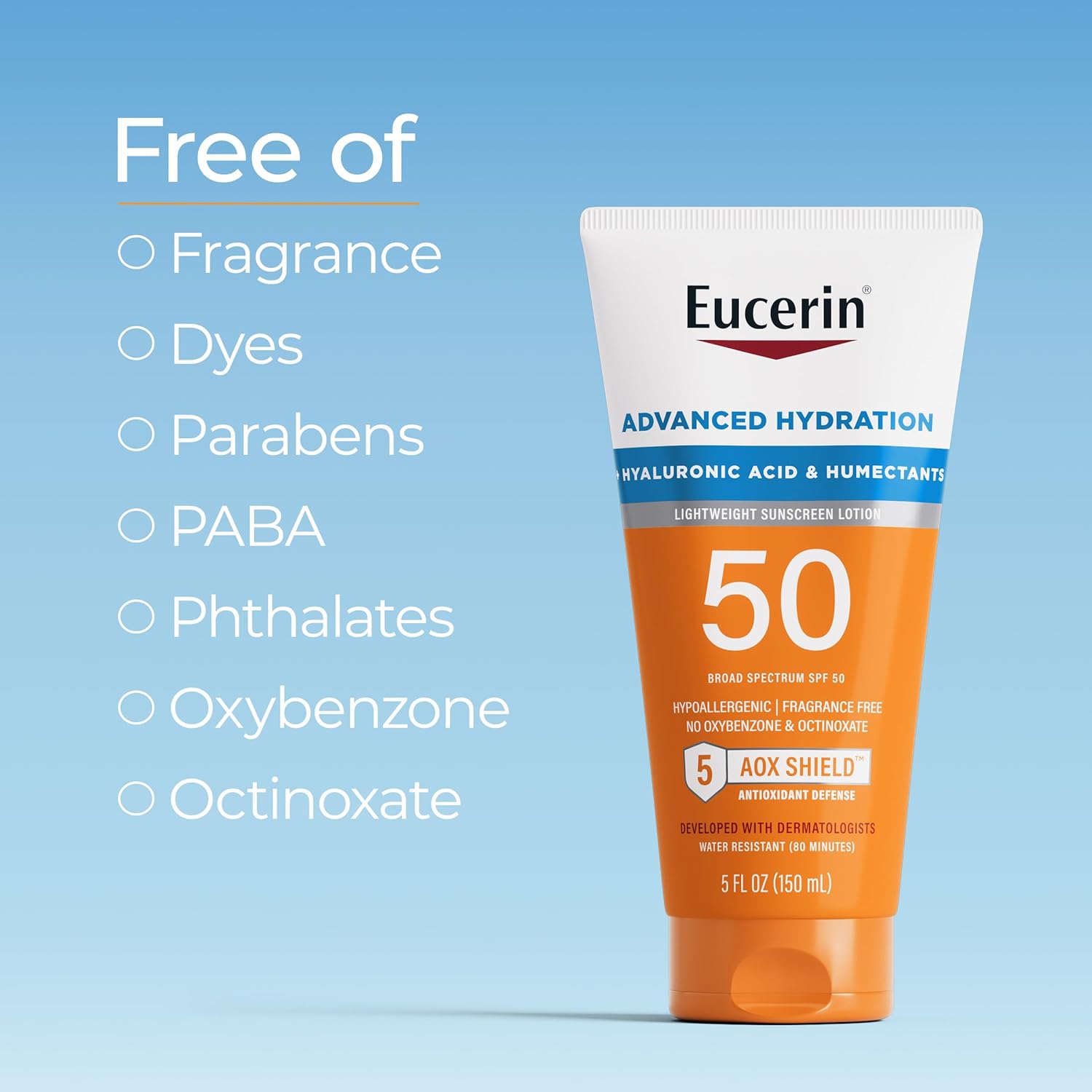Eucerin Advanced Hydration lightweight sunscreen lotion SPF 50, 5 fl oz bottle