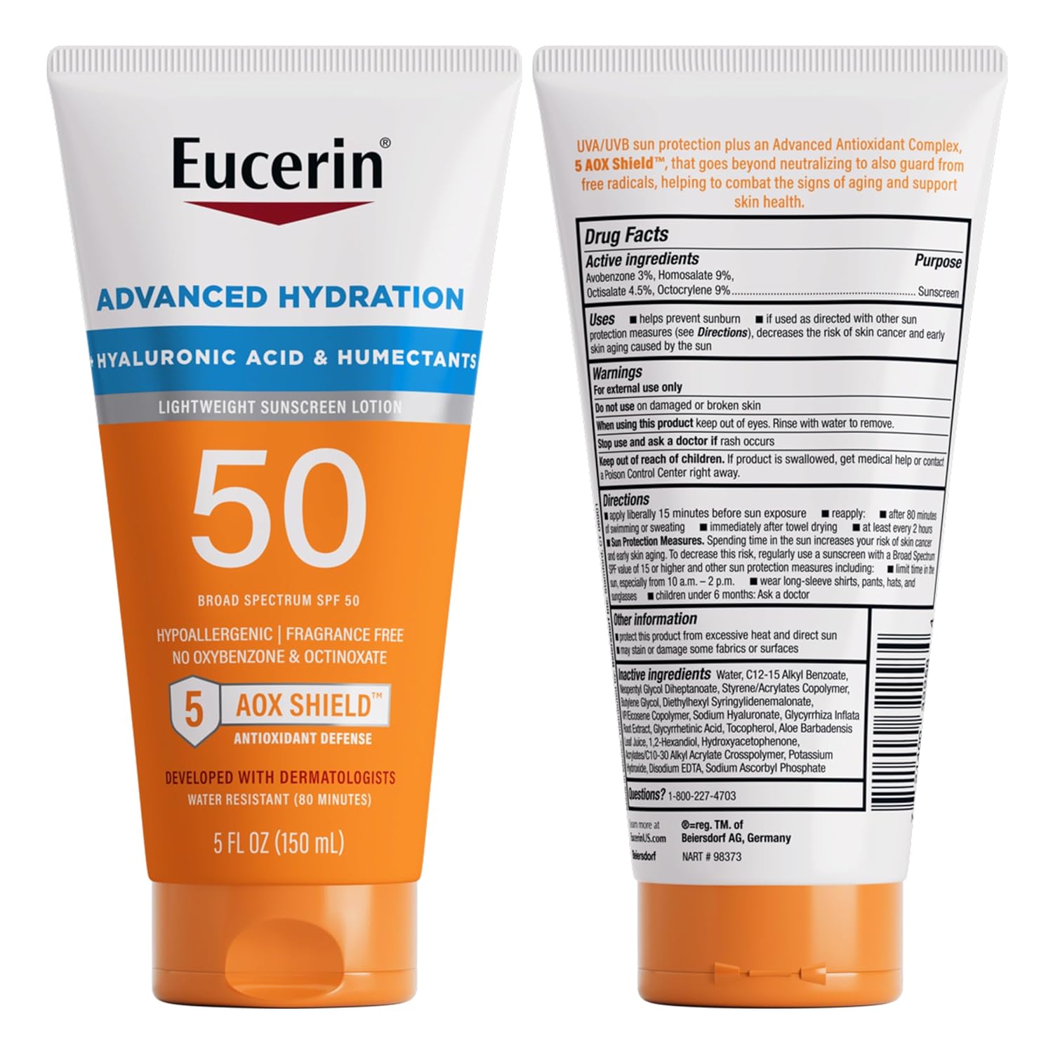 Eucerin Advanced Hydration Sunscreen Lotion SPF 50, 5 fl oz tube