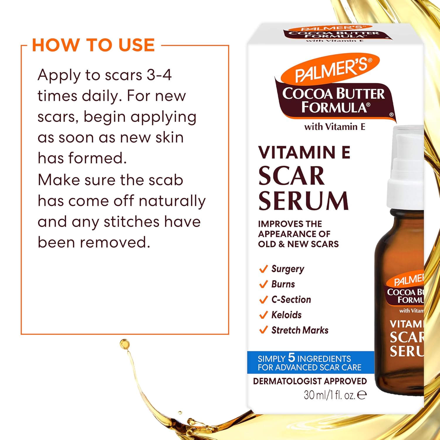 Palmer's Cocoa Butter Vitamin E Scar Serum 30ml amber bottle with dropper