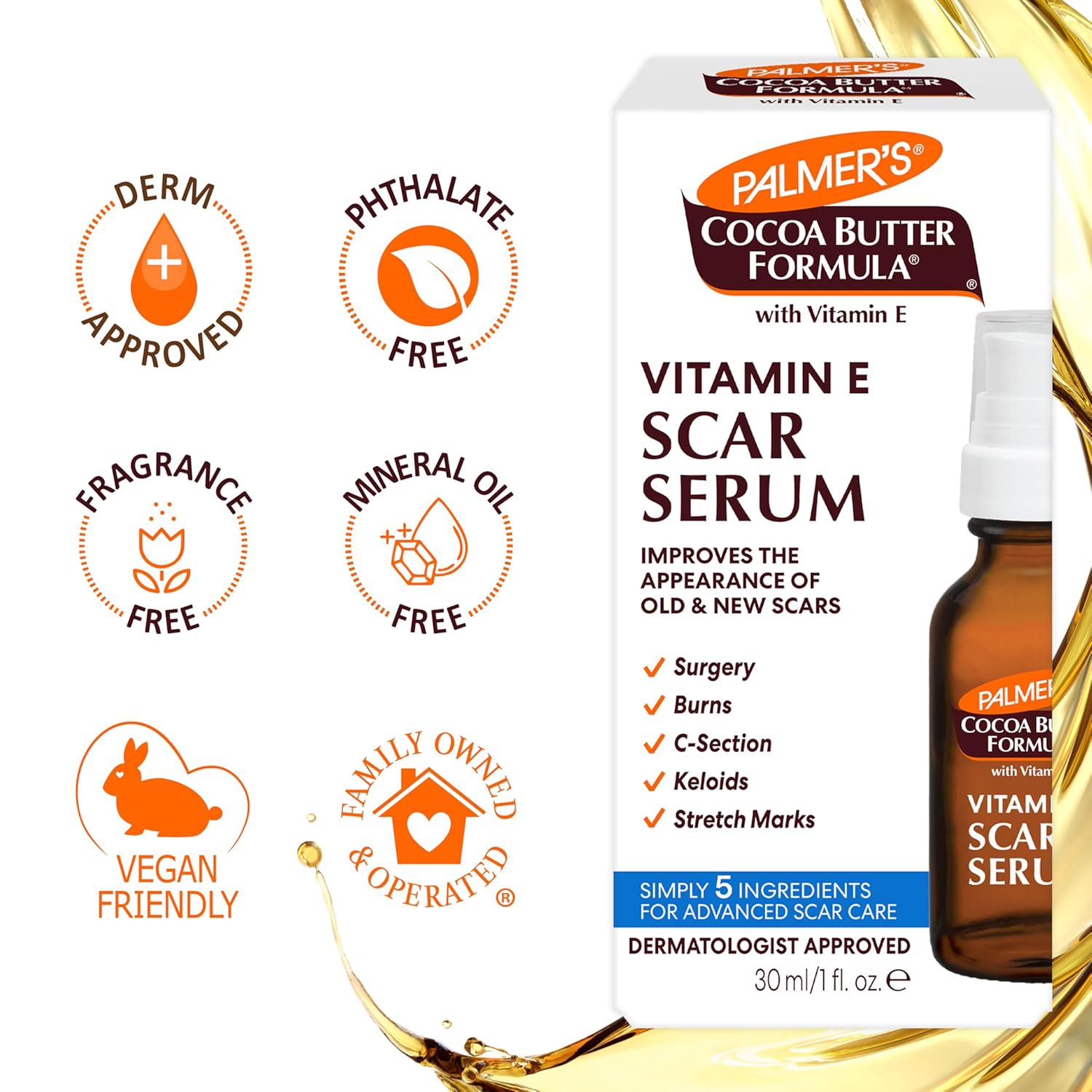 Palmer's Cocoa Butter Vitamin E Scar Serum 1 fl oz bottle with applicator