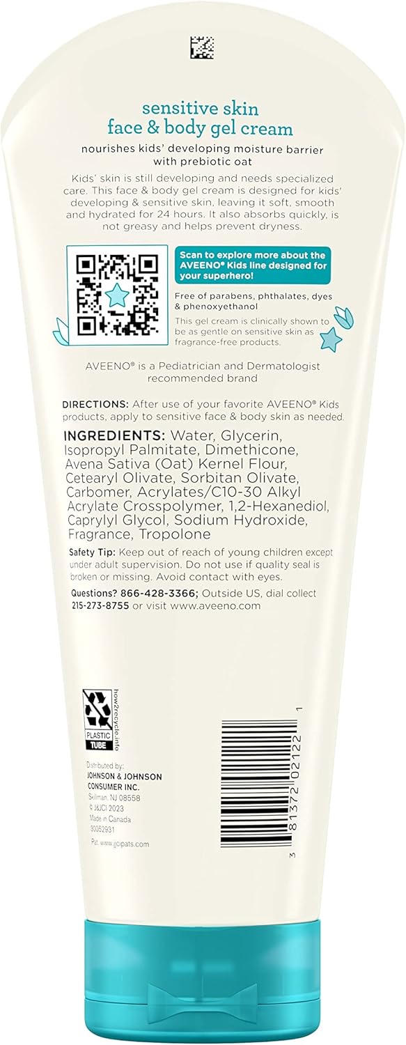 Aveeno Kids Sensitive Skin Face and Body Gel Cream, 8oz tube with turquoise base