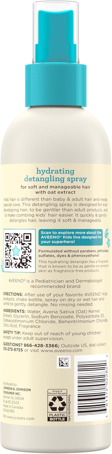 Aveeno Kids Hydrating Detangling Spray 10 fl oz with turquoise pump dispenser bottle