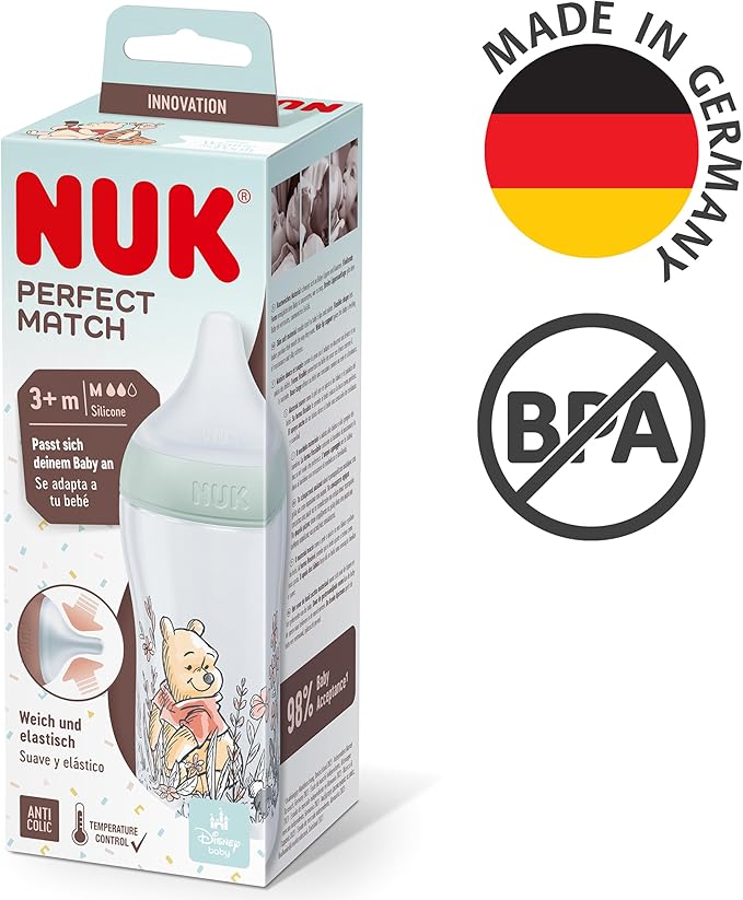 NUK Perfect Match 260ml temperature control bottle with Minnie Mouse design, pale green silicone