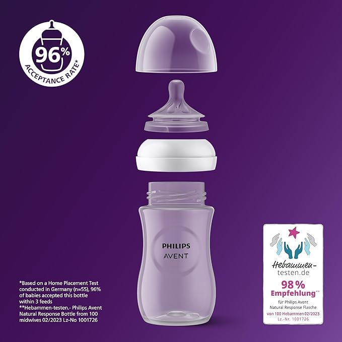 Philips Avent Natural Response 3.0 glass baby bottle purple set assembled
