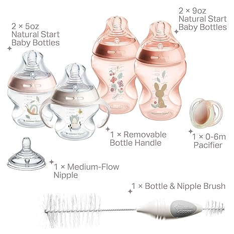 Tommee Tippee Natural Start Newborn Starter Set pink bottles and accessories