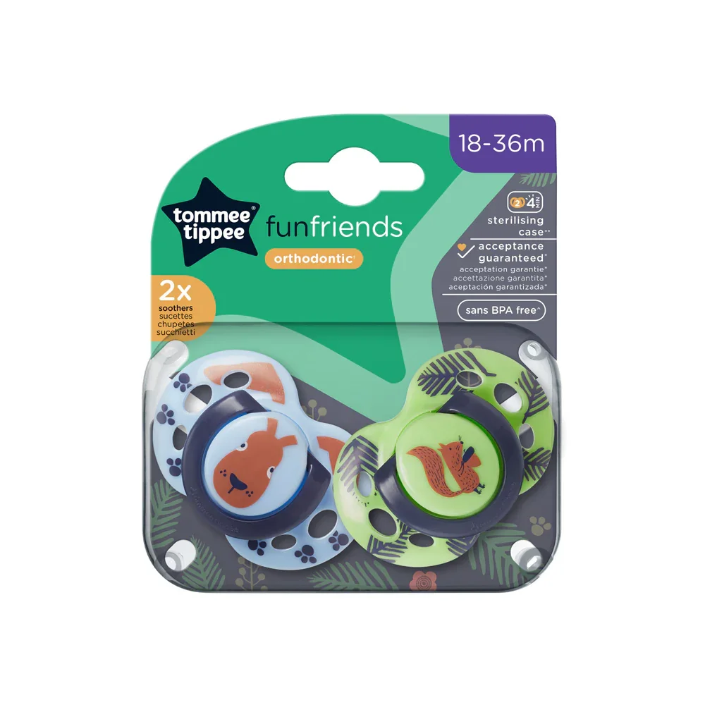 Tommee Tippee Funfriends orthodontic soothers pack of 2, 18–36 months, blue and green