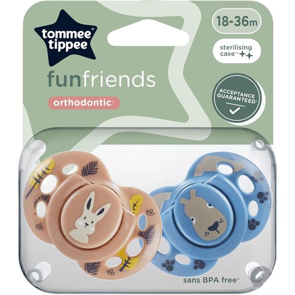 Tommee Tippee Fun Friends orthodontic soothers pack of 2, 18–36 months, tan and blue