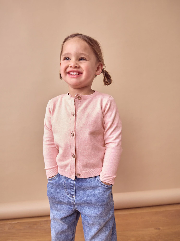 Baby pink marl cotton knit cardigan with button front fastening