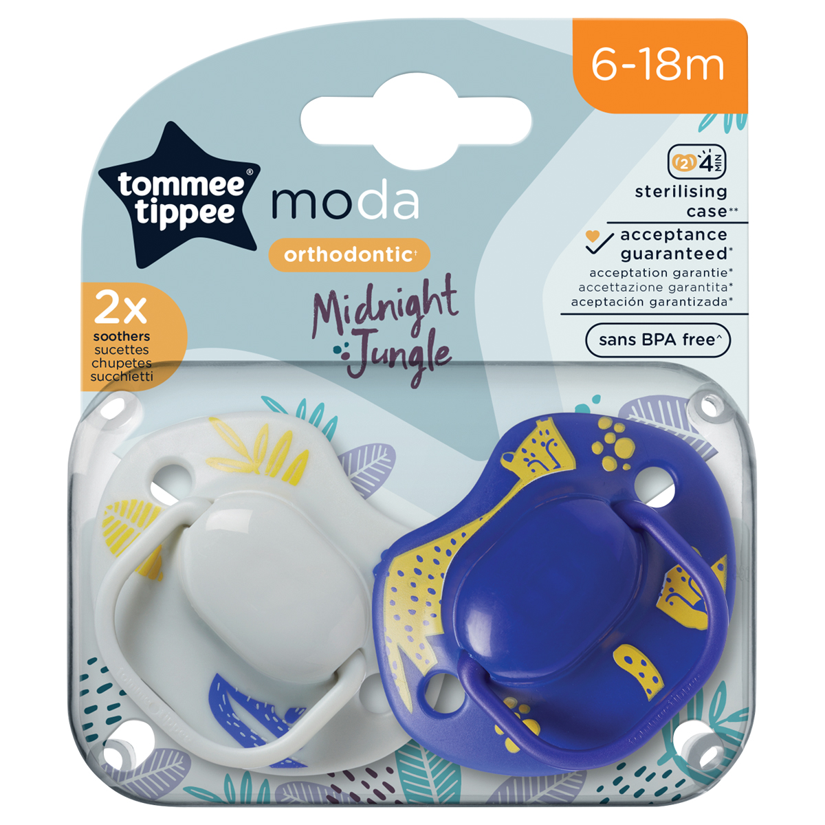 Tommee Tippee Moda Orthodontic soothers 6-18 months, white and blue Midnight Jungle design, pack of two