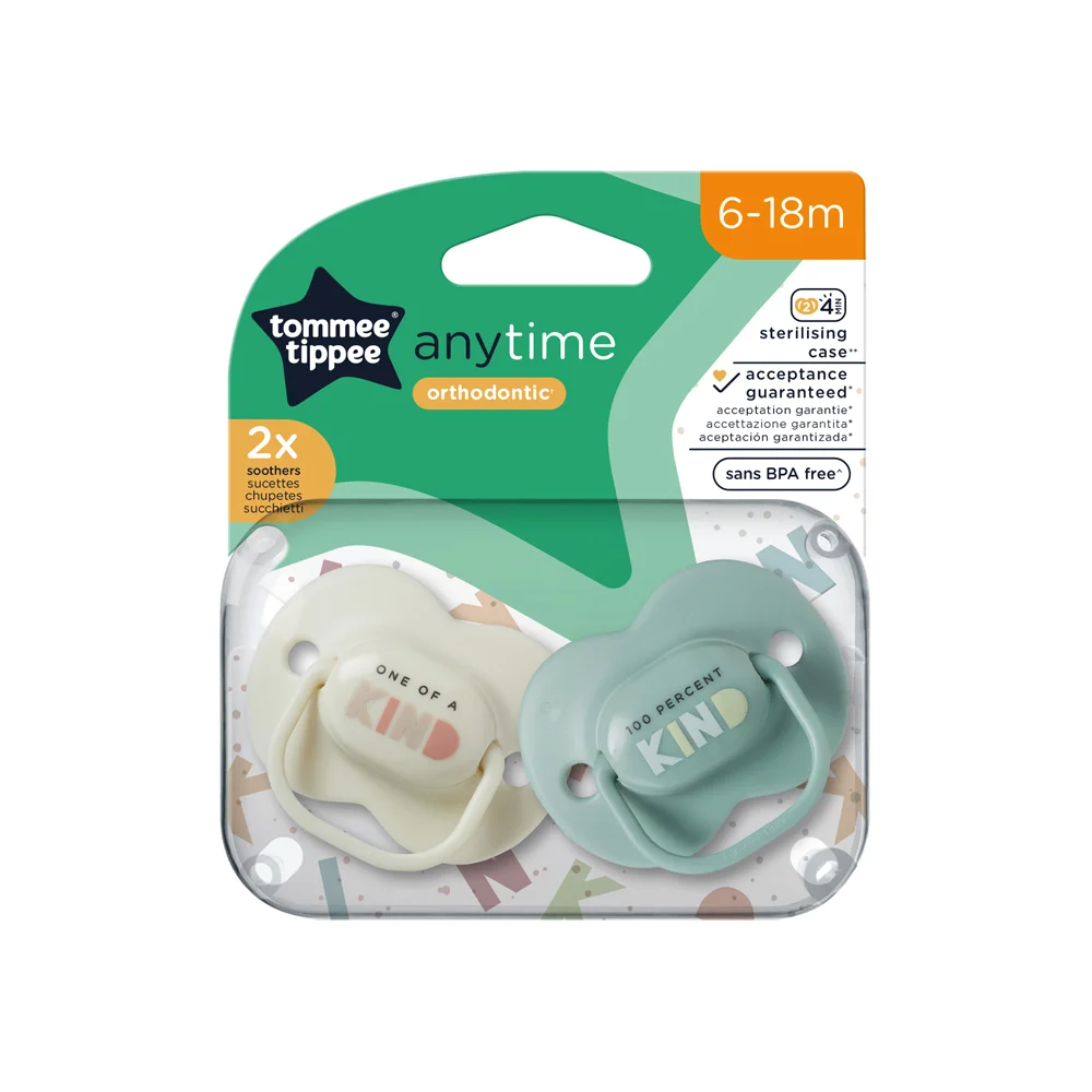 Tommee Tippee AnyTime Orthodontic Soother 6-18 months, pack of two, cream and green