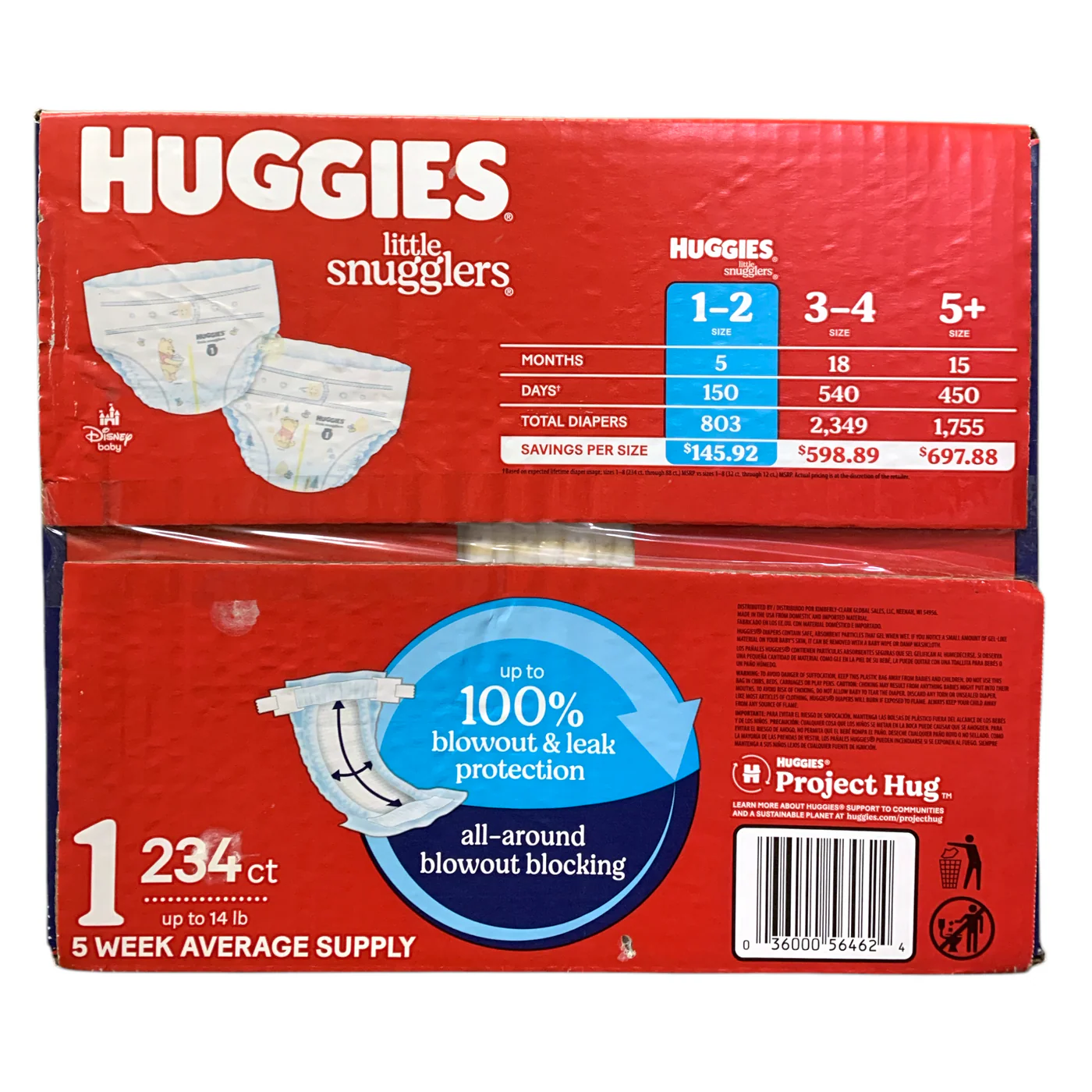 Huggies Little Snugglers Size 1-2 baby nappies, 234 count box, red packaging