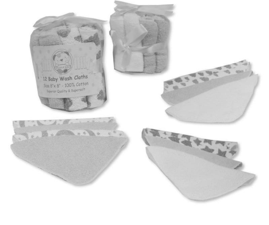 Snuggle 12 baby wash cloths grey and white cotton pack