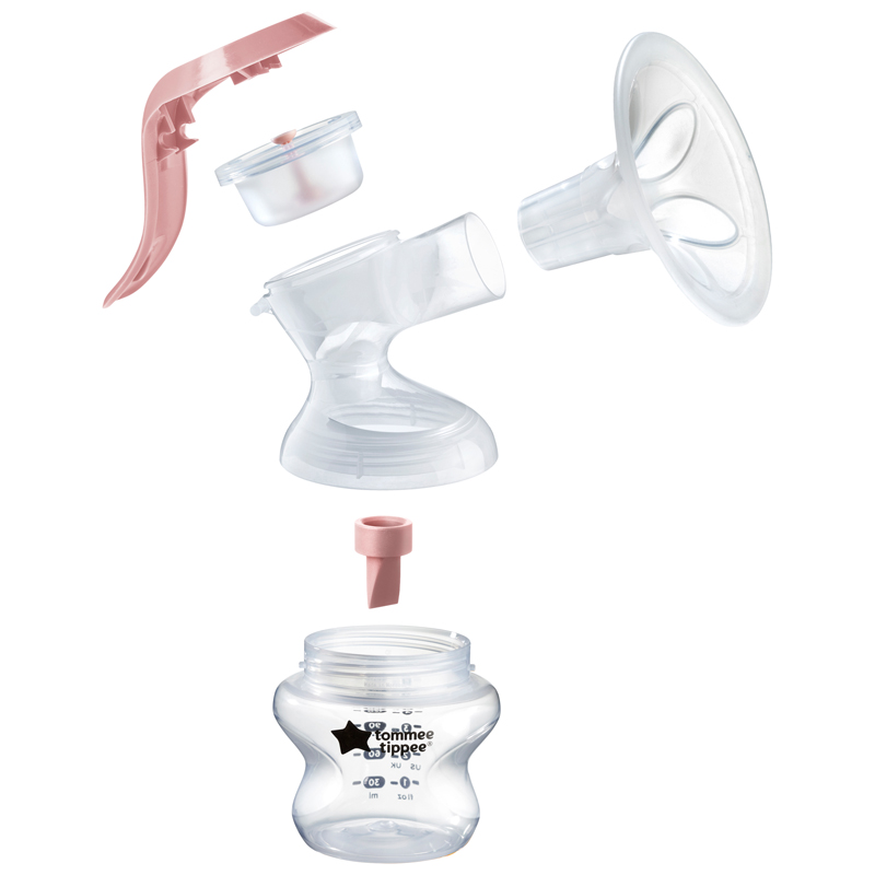 Tommee Tippee manual breast pump with white cup and pink handle components