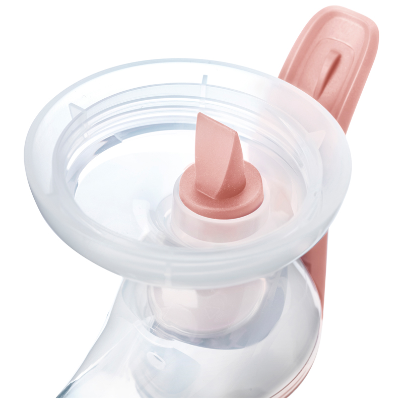 Tommee Tippee manual breast pump with pink handle and white collection bottle