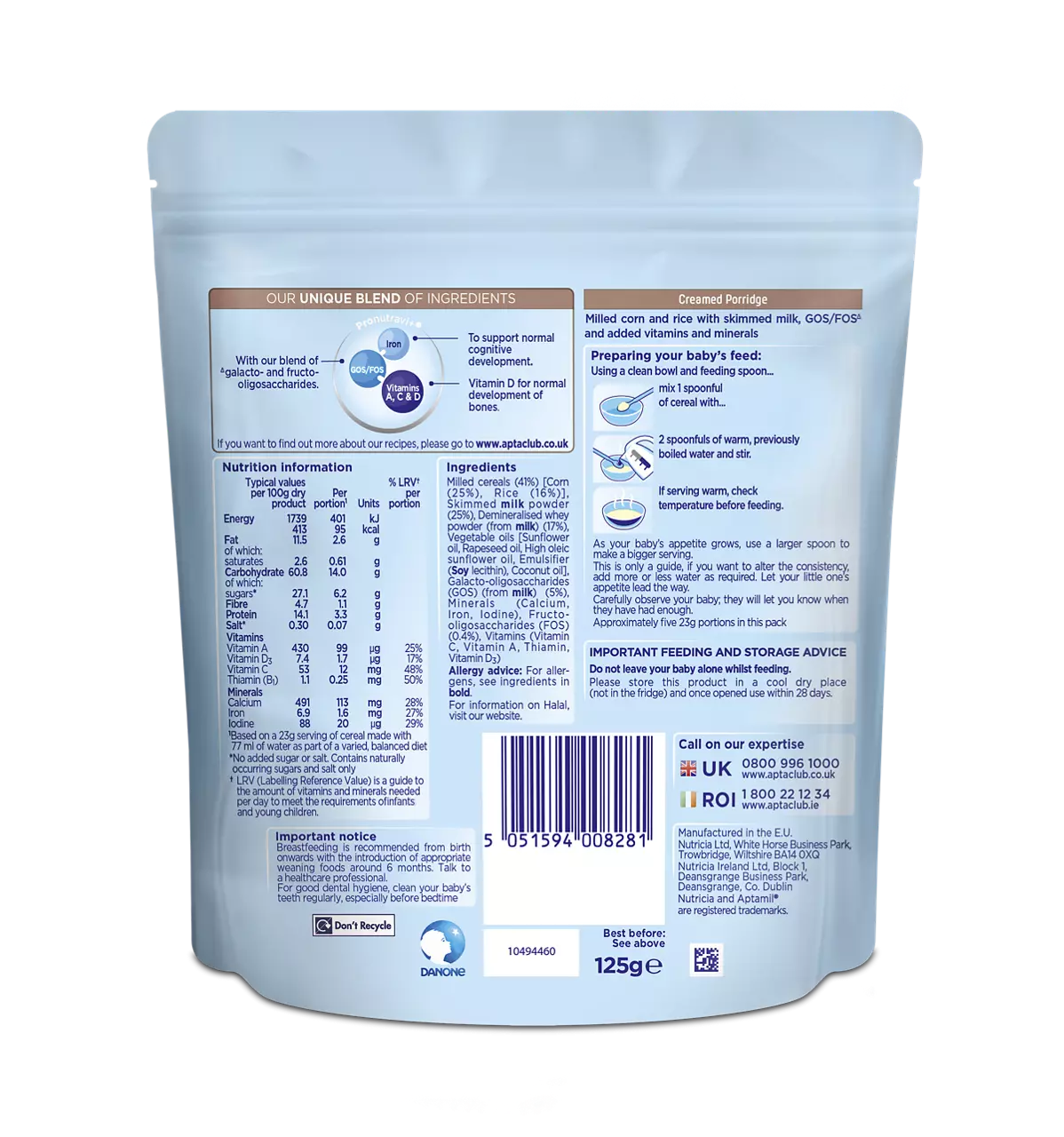 Aptamil Creamed Porridge Cereal baby food 125g pouch for four to six months