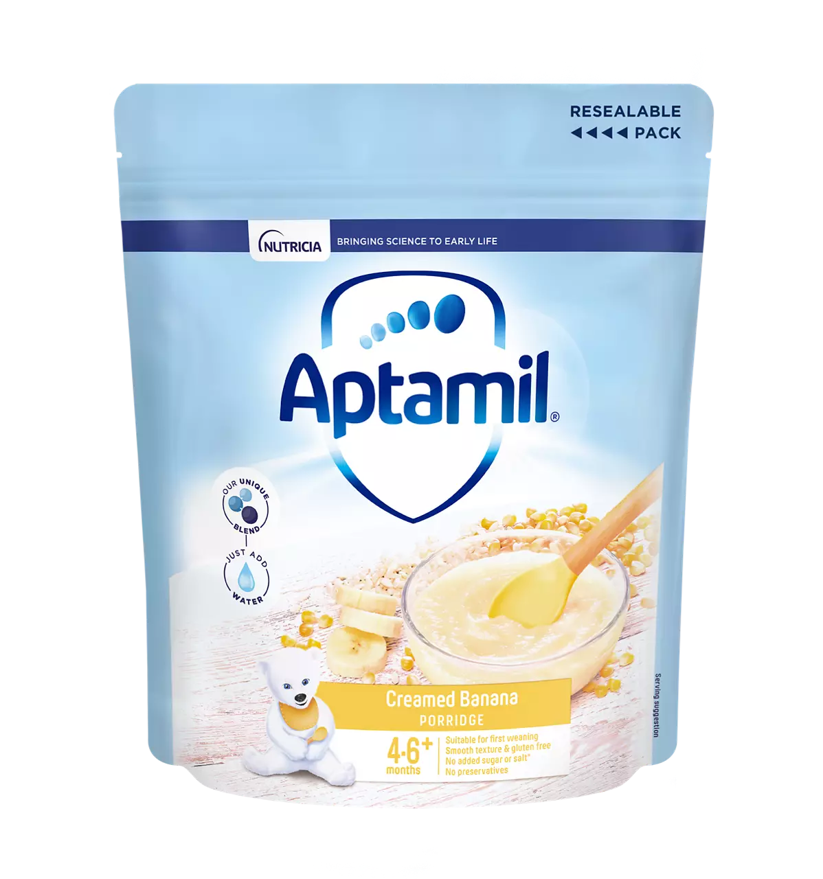Aptamil Creamed Banana Porridge infant cereal 125g resealable pack