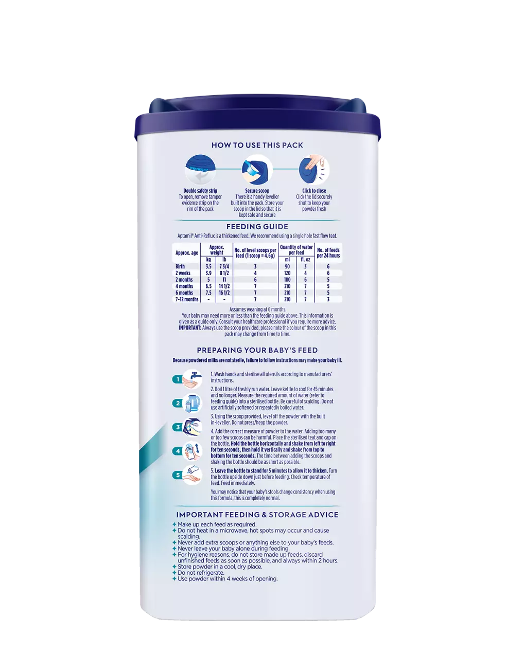 Aptamil Anti-Reflux infant formula powder 800g tin with blue lid and feeding guide