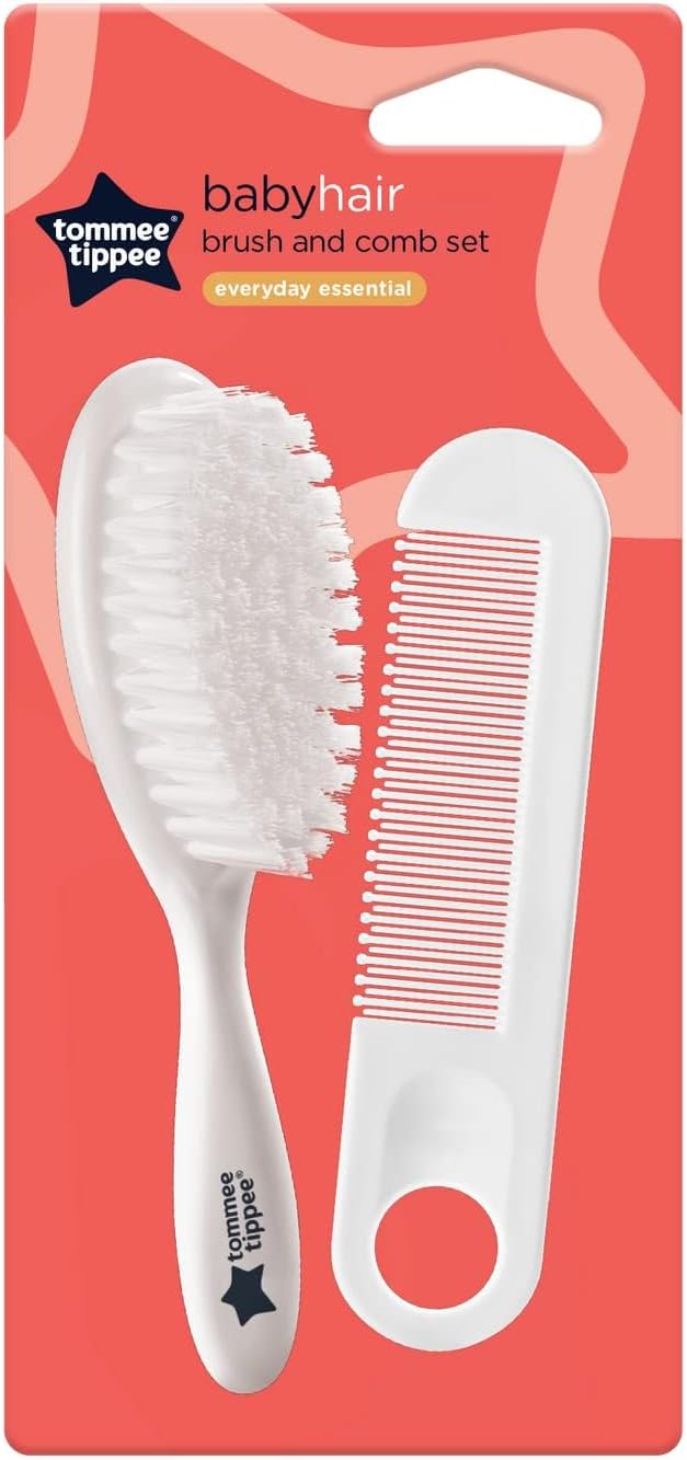 Tommee Tippee Essentials baby brush and comb set, white with red comb teeth