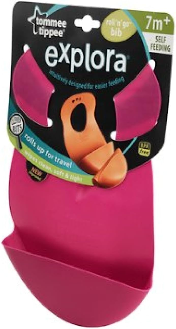 Tommee Tippee Explora pink roll-up bib for self-feeding seven months plus