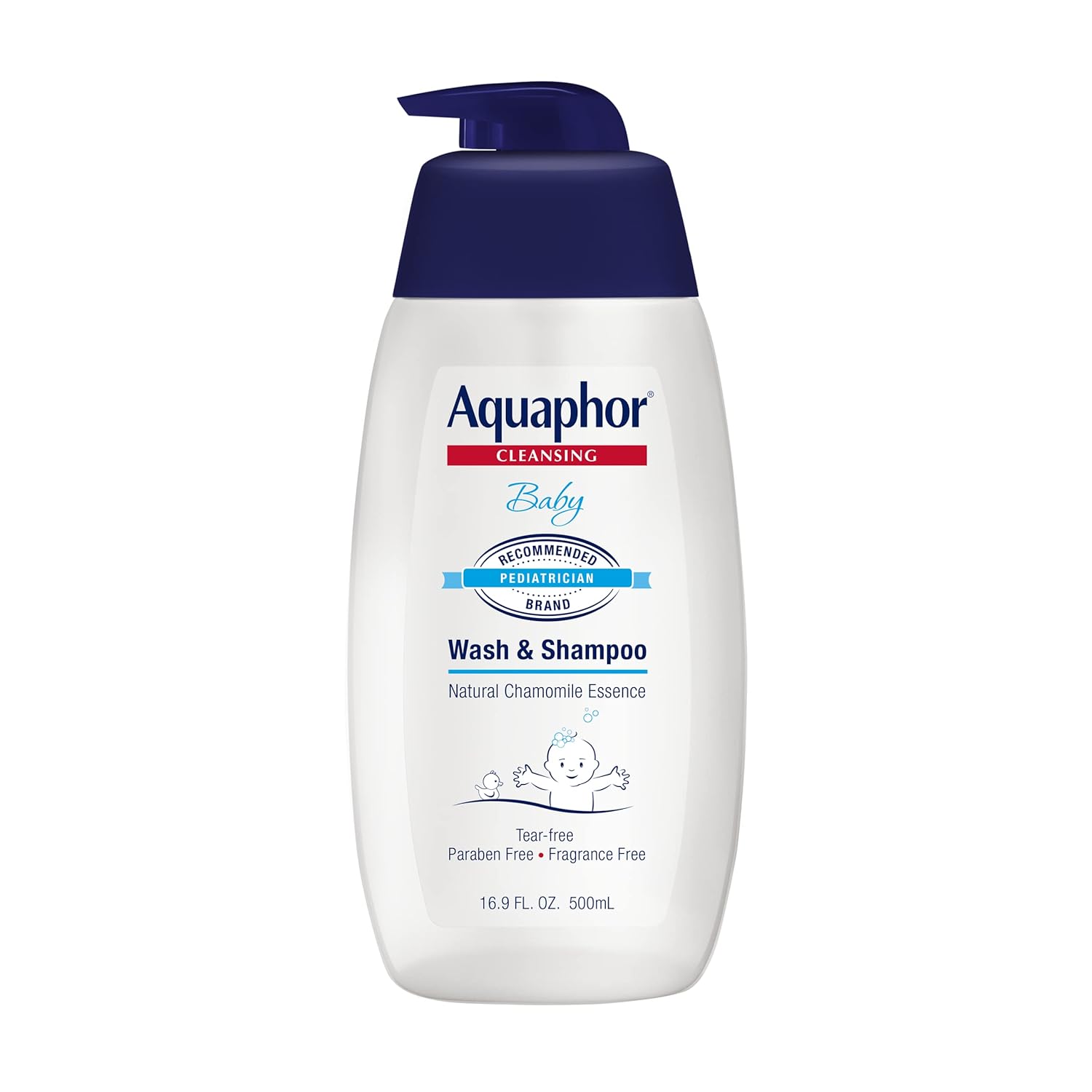 Aquaphor Baby Wash & Shampoo 500ml white bottle with navy pump dispenser